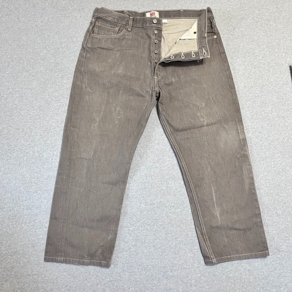 Levis 501‎ Jeans Mens 38X27 Gray Button Fly Straight American Denim *Hemmed*
